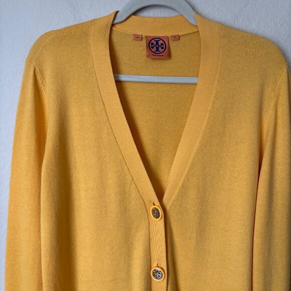 Tory Burch XL Cotton Cashmere Blend Canary Yellow Logo Button Cardigan Sweater - Picture 3 of 10